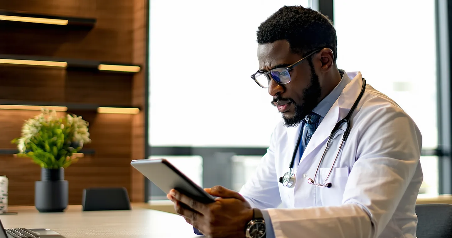 Physician reviewing structured clinical note on tablet in modern clinic setting